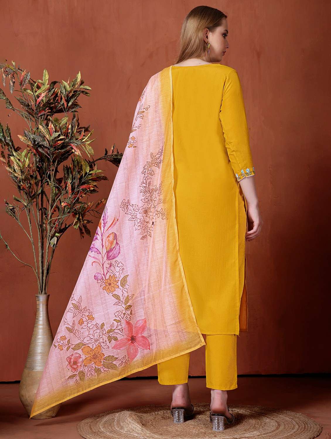 women solid with work three quarter sleeve kurta pant with dupatta set - 22225304 -  Standard Image - 3