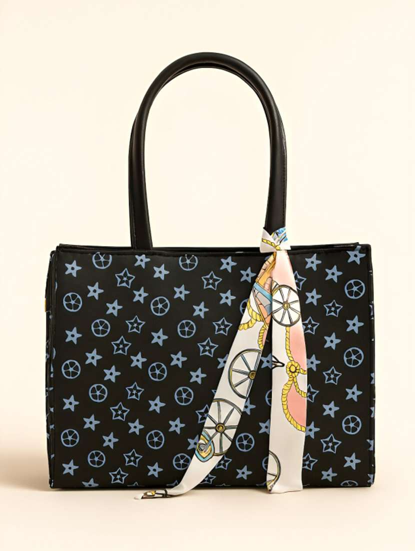 women printed pu structured tote bag