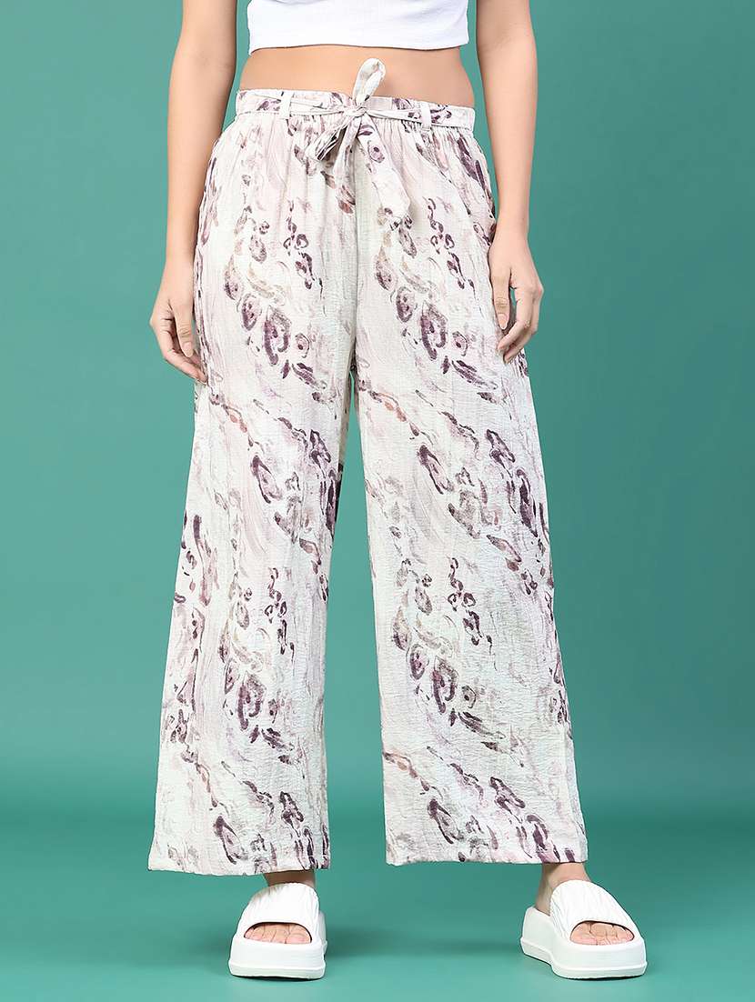 women printed mid rise wide leg trouser