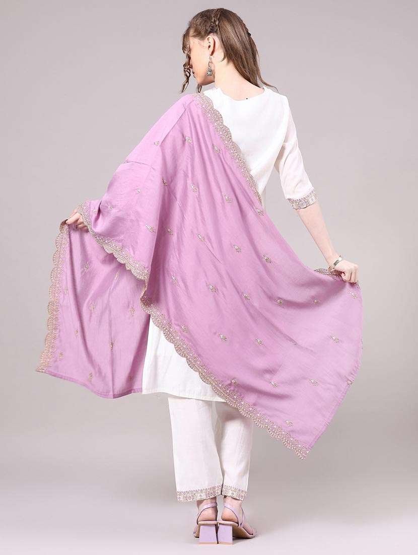 women solid with work three quarter sleeve kurta pant with dupatta set - 22226128 -  Standard Image - 3
