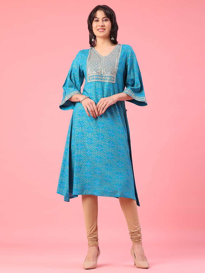 women printed bell sleeve a-line kurta
