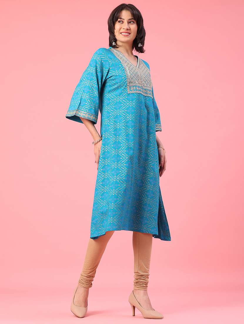 women printed bell sleeve a-line kurta - 22226259 -  Standard Image - 3