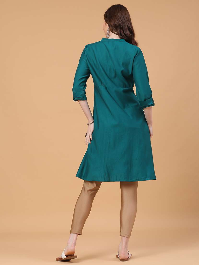 women solid with work three quarter sleeve a-line kurta - 22226260 -  Standard Image - 5