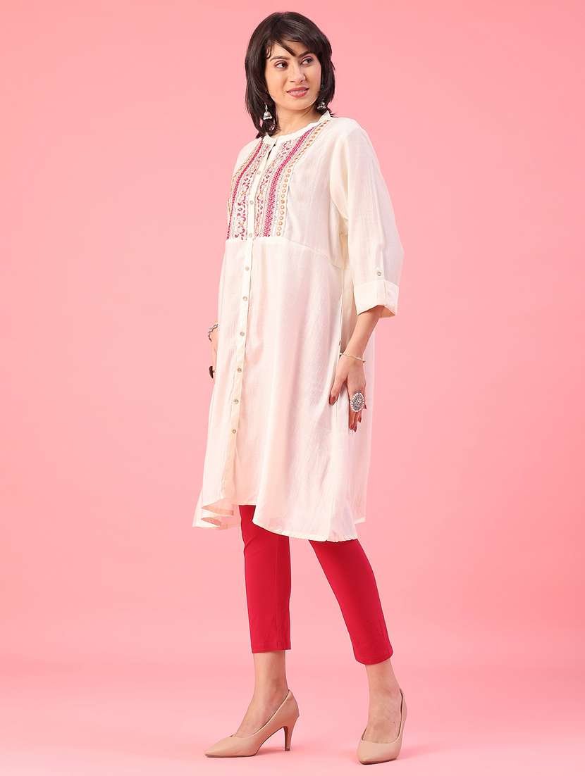 women solid with work three quarter sleeve a-line kurta - 22226289 -  Standard Image - 3