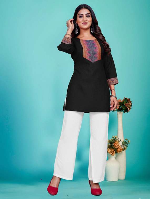 women embroidered three quarter sleeve straight kurti