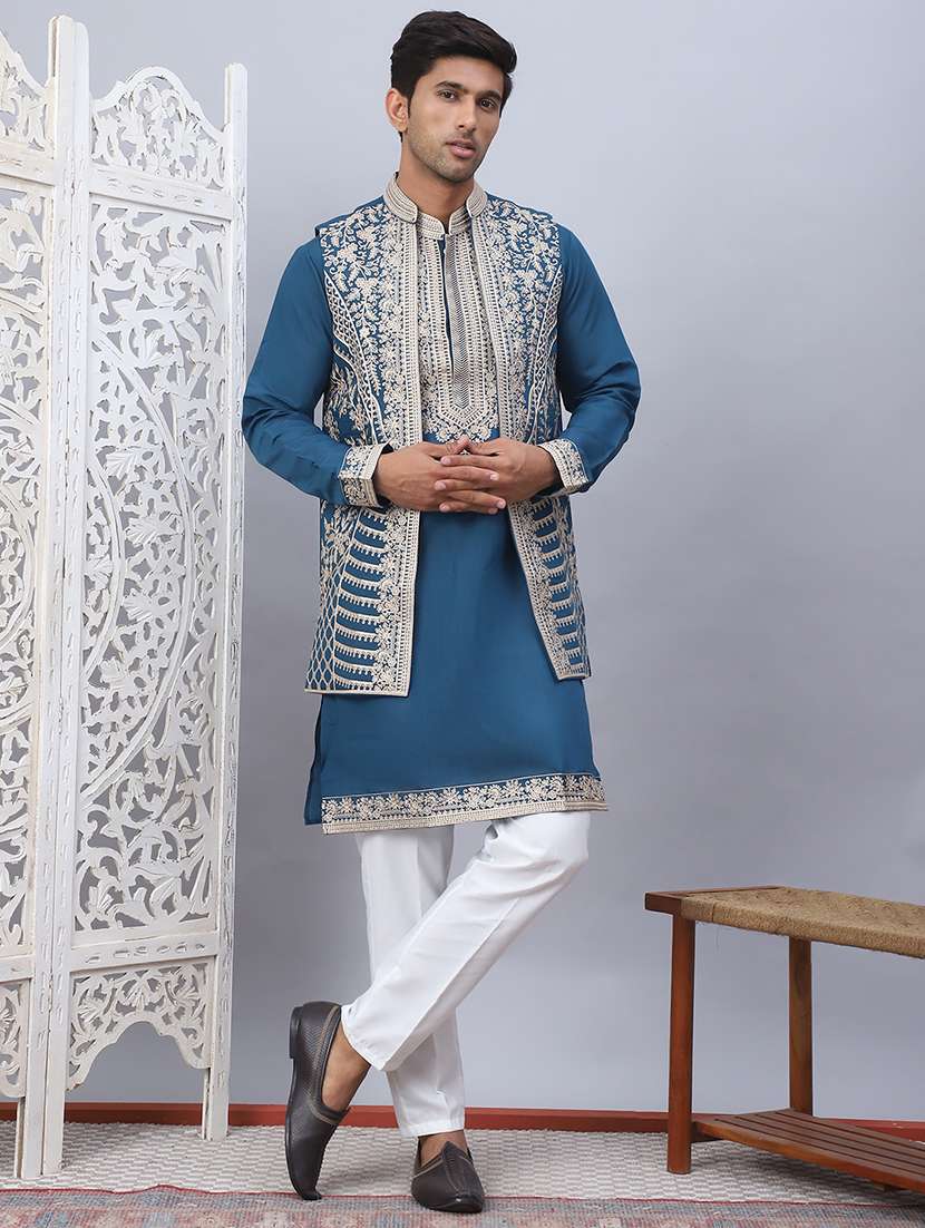 men solid with work mandarin neck kurta pyjama with jacket set - 22226459 -  Standard Image - 3