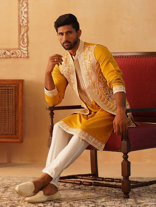 men solid with work mandarin neck kurta pyjama with jacket set - 22226461 -  Standard Image - 0