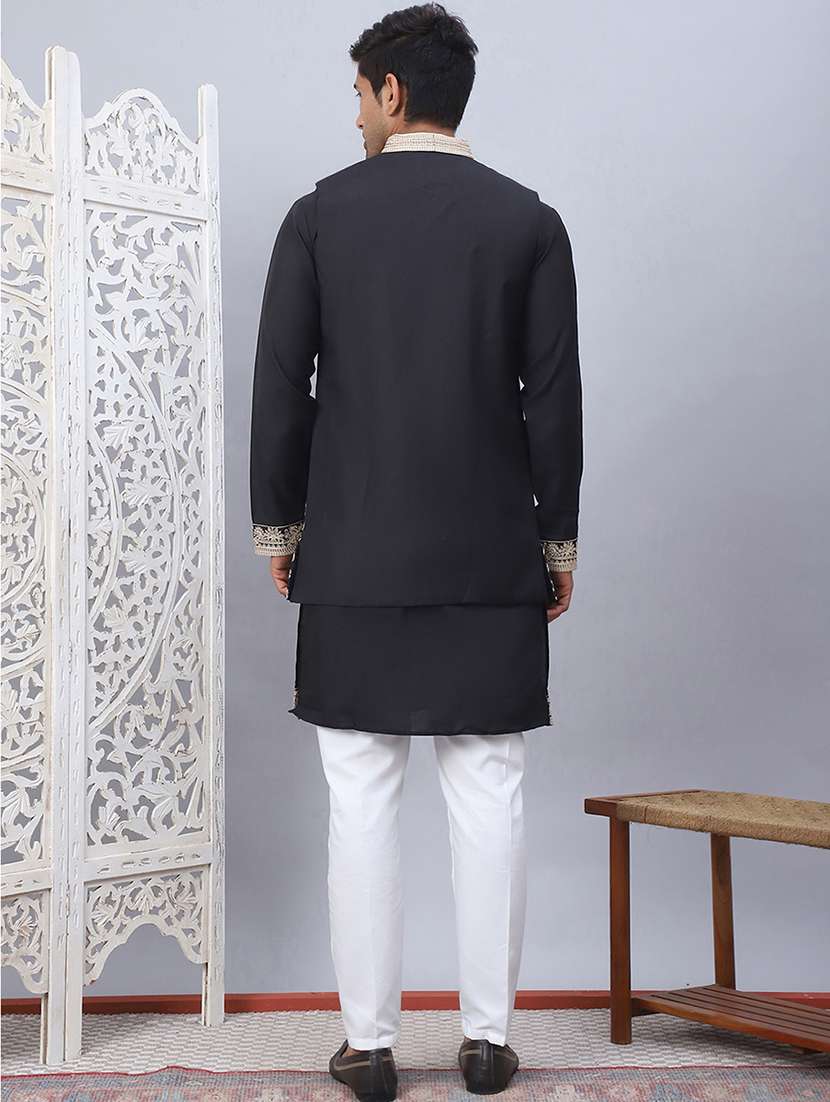 men solid with work mandarin neck kurta pyjama with jacket set - 22226462 -  Standard Image - 3