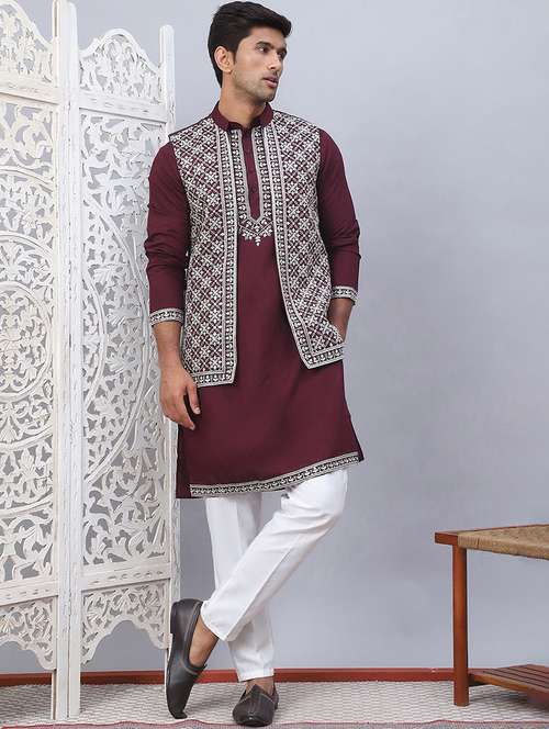 men solid with work mandarin neck kurta pyjama with jacket set - 22226465 -  Standard Image - 0