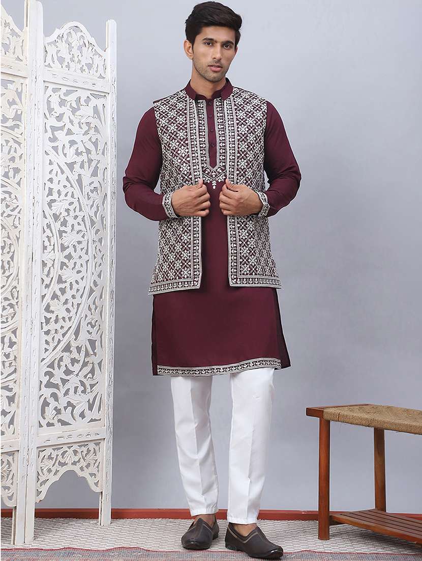 men solid with work mandarin neck kurta pyjama with jacket set - 22226465 -  Standard Image - 3