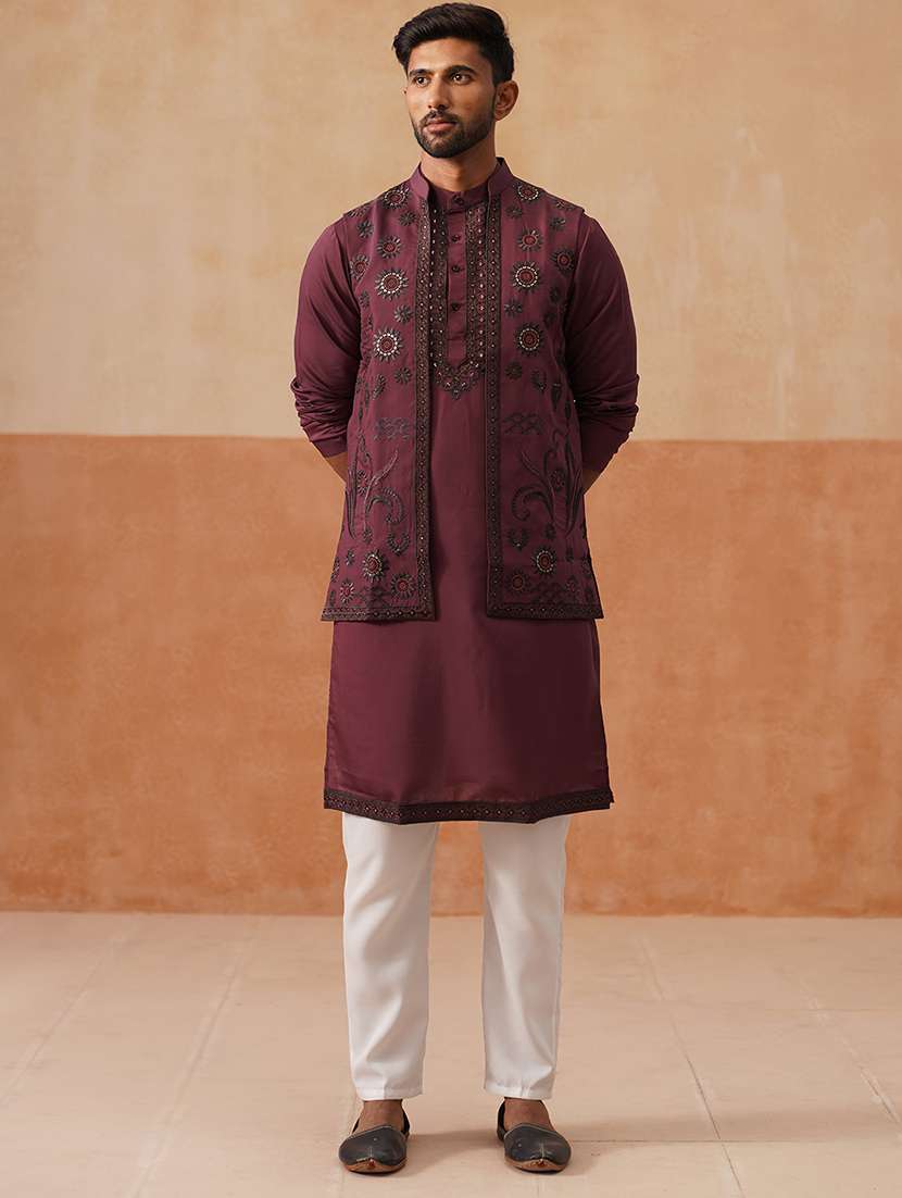 men solid with work mandarin neck kurta pyjama with jacket set - 22226467 -  Standard Image - 3