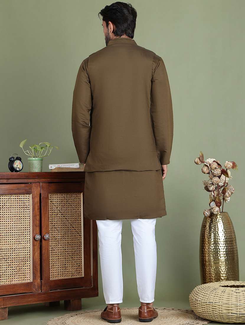 men solid with work mandarin neck kurta pyjama with jacket set - 22226468 -  Standard Image - 3