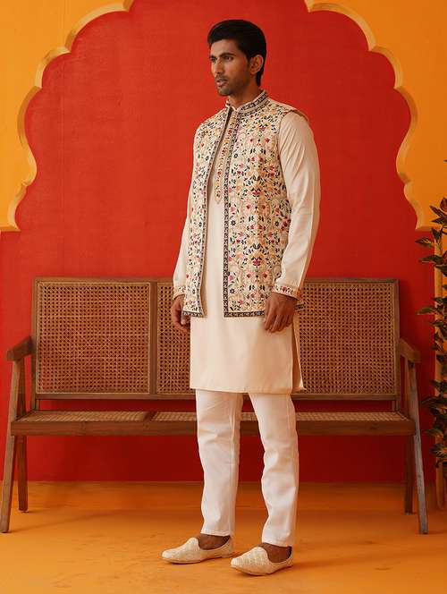 men solid with work mandarin neck kurta pyjama with jacket set - 22226470 -  Standard Image - 0