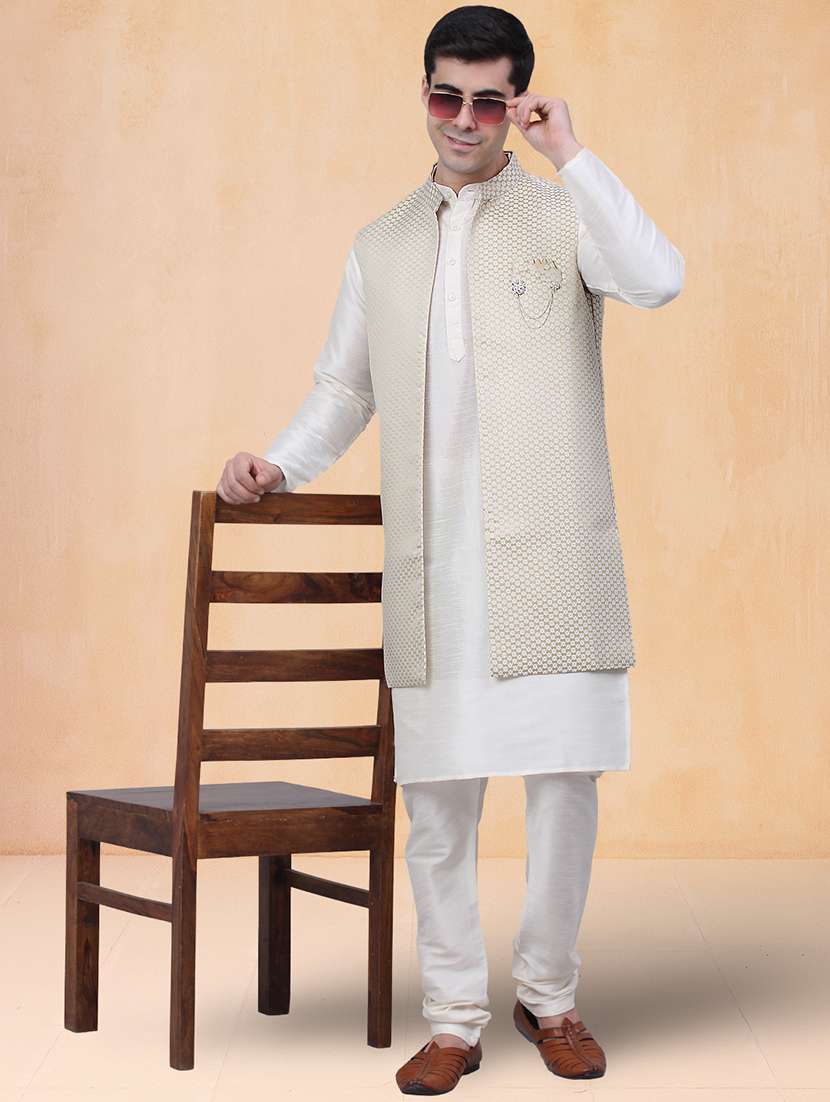 men self design mandarin neck kurta pyjama with jacket set - 22226472 -  Zoom Image - 0