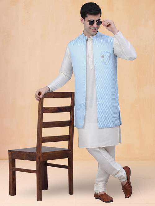 men self design mandarin neck kurta pyjama with jacket set - 22226473 -  Standard Image - 0