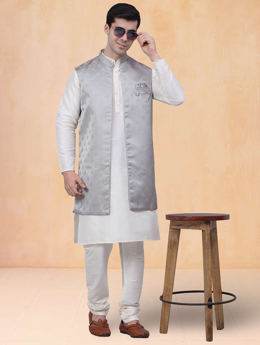 men self design mandarin neck kurta pyjama with jacket set - 22226477 -  Zoom Image - 0