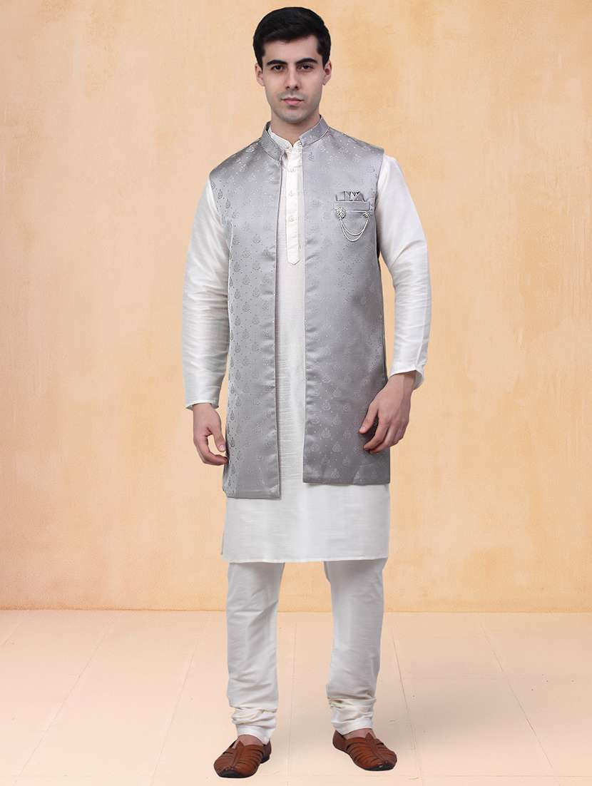 men self design mandarin neck kurta pyjama with jacket set - 22226477 -  Standard Image - 3