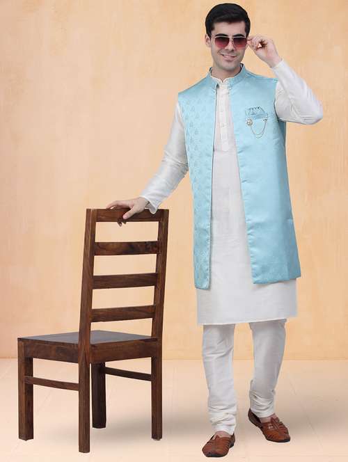 men self design mandarin neck kurta pyjama with jacket set - 22226478 -  Standard Image - 0