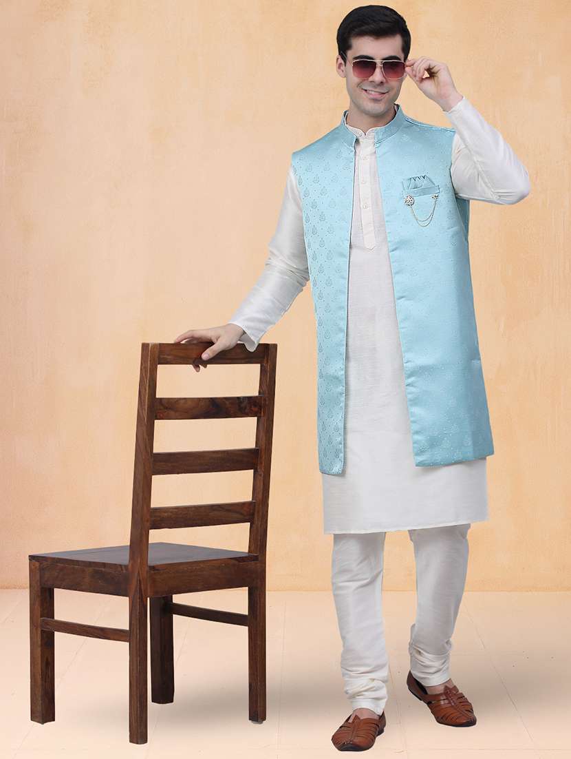 men self design mandarin neck kurta pyjama with jacket set