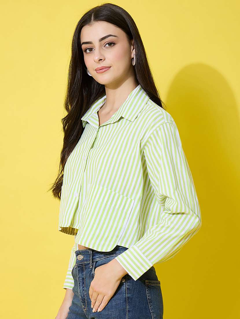 women striped long sleeve collared crop shirt - 22226514 -  Standard Image - 3
