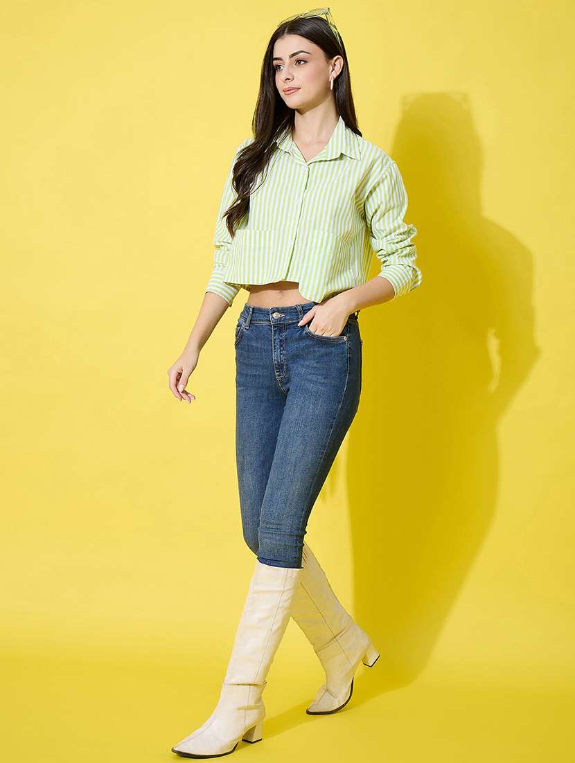 women striped long sleeve collared crop shirt - 22226514 -  Standard Image - 5