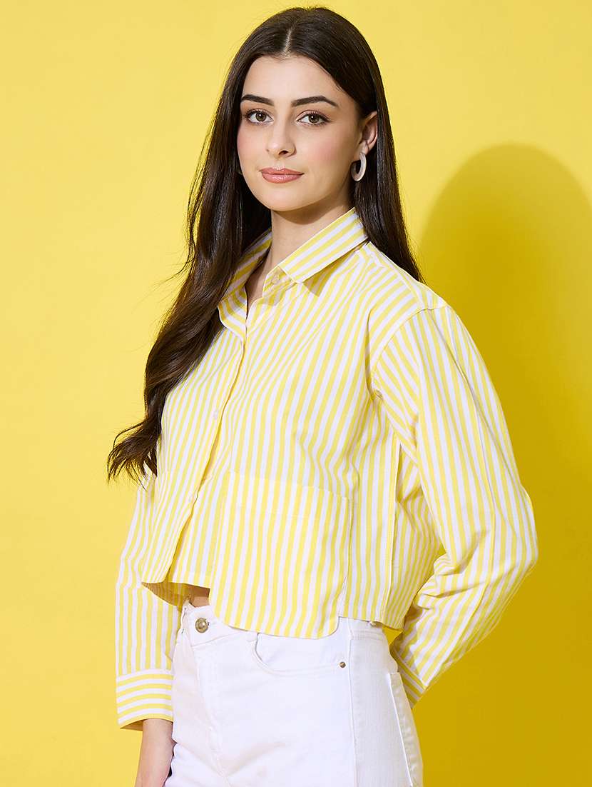women striped long sleeve collared crop shirt - 22226516 -  Standard Image - 3