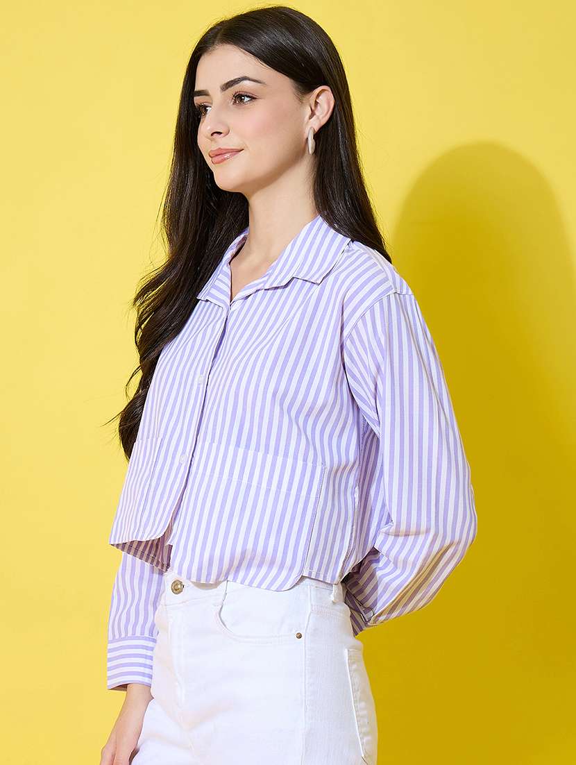 women striped long sleeve collared crop shirt - 22226518 -  Standard Image - 3