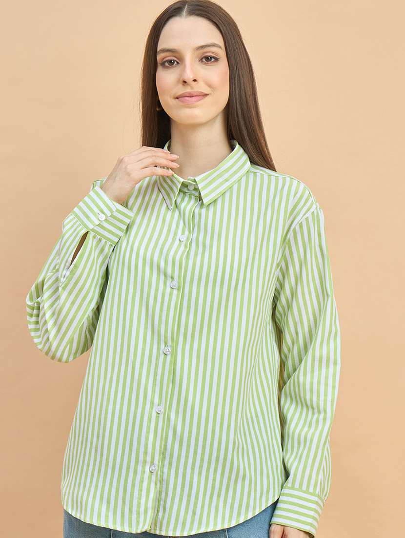 women striped collared long sleeve oversized shirt - 22226535 -  Standard Image - 3