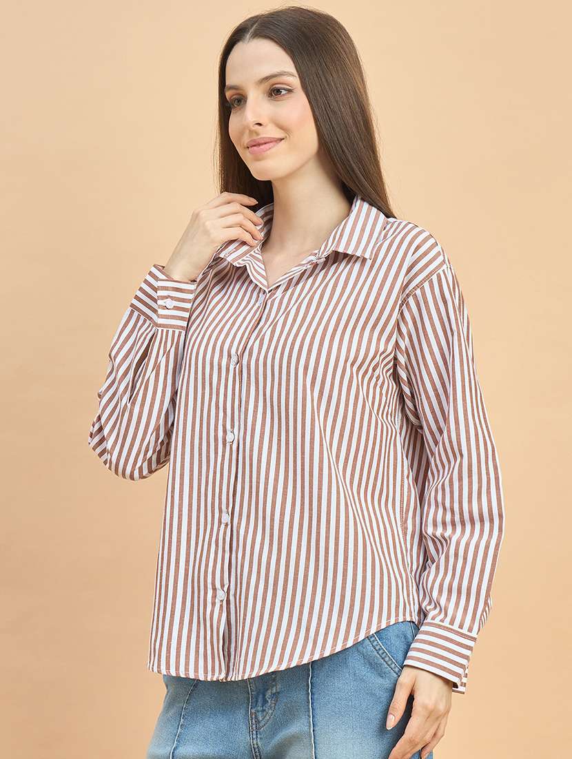 women striped collared long sleeve oversized shirt - 22226536 -  Standard Image - 3