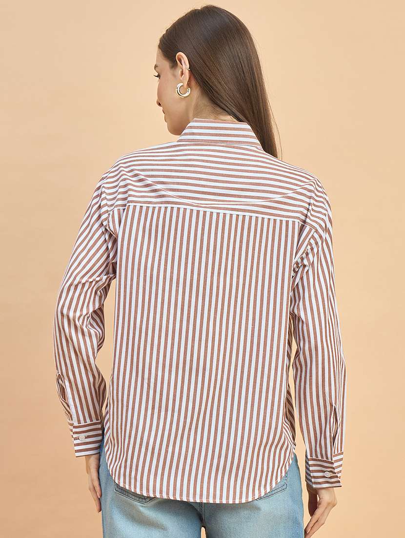 women striped collared long sleeve oversized shirt - 22226536 -  Standard Image - 5