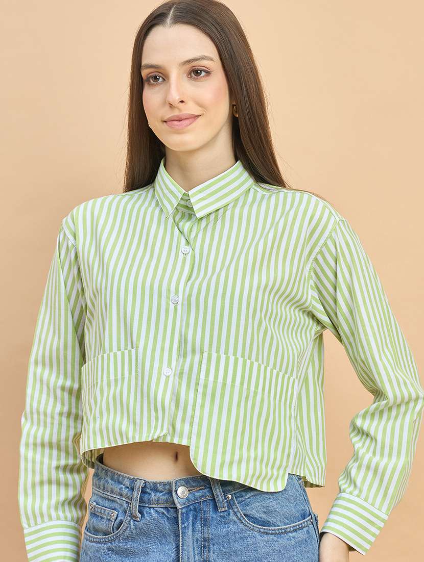 women striped collared long sleeve crop shirt - 22226537 -  Standard Image - 3