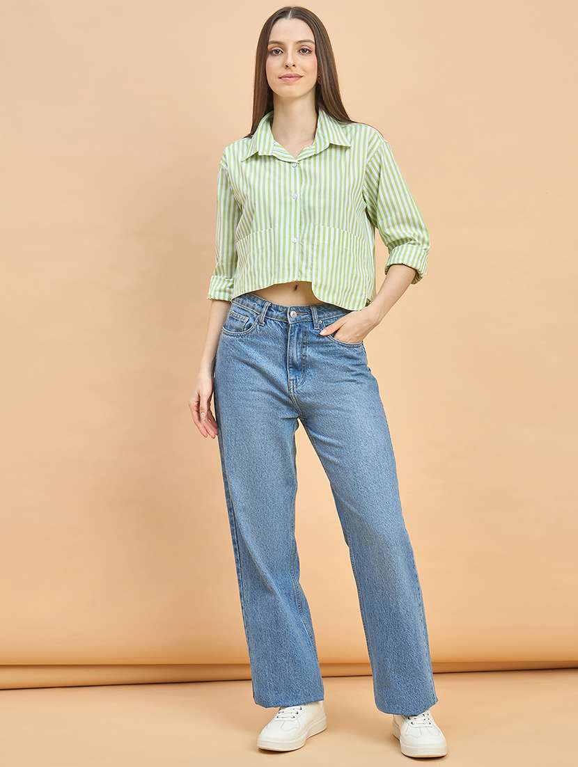 women striped collared long sleeve crop shirt - 22226537 -  Standard Image - 5