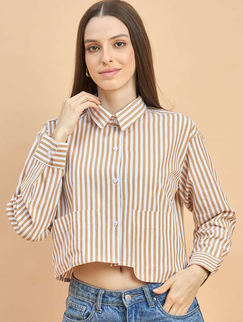 women striped collared long sleeve crop shirt - 22226540 -  Standard Image - 3