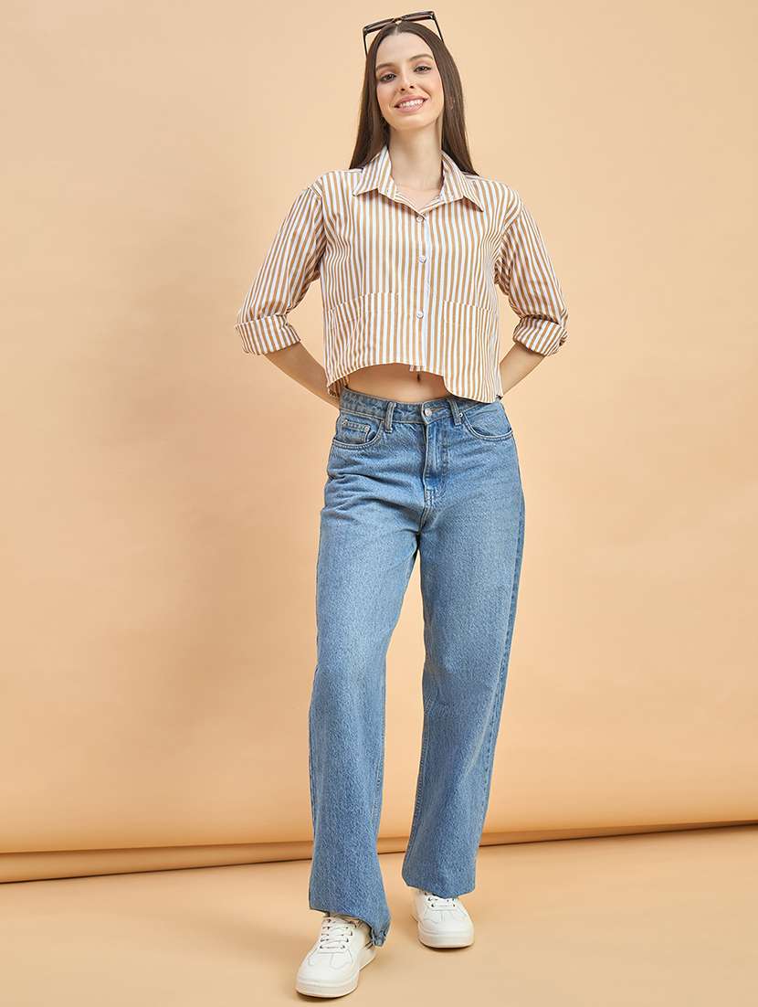 women striped collared long sleeve crop shirt - 22226540 -  Standard Image - 5