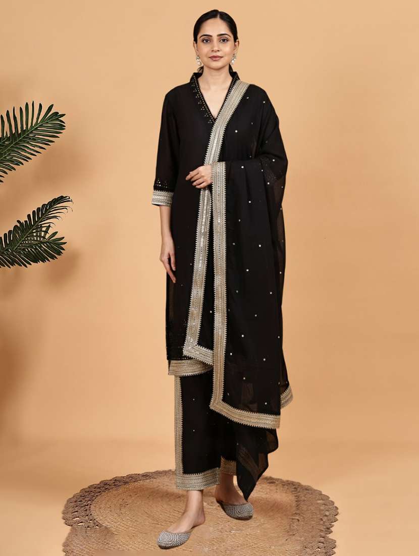 women solid with work three quarter sleeve kurta pant with dupatta set