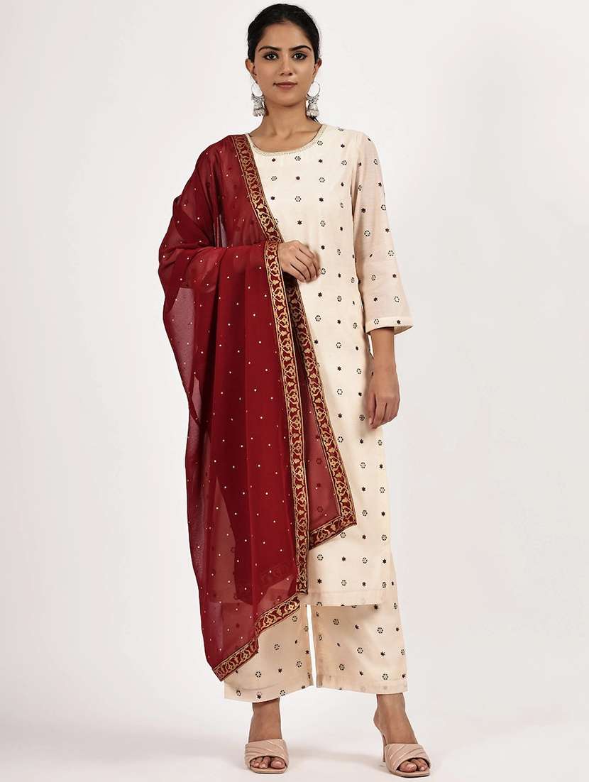 women solid with work three quarter sleeve kurta pant with dupatta set
