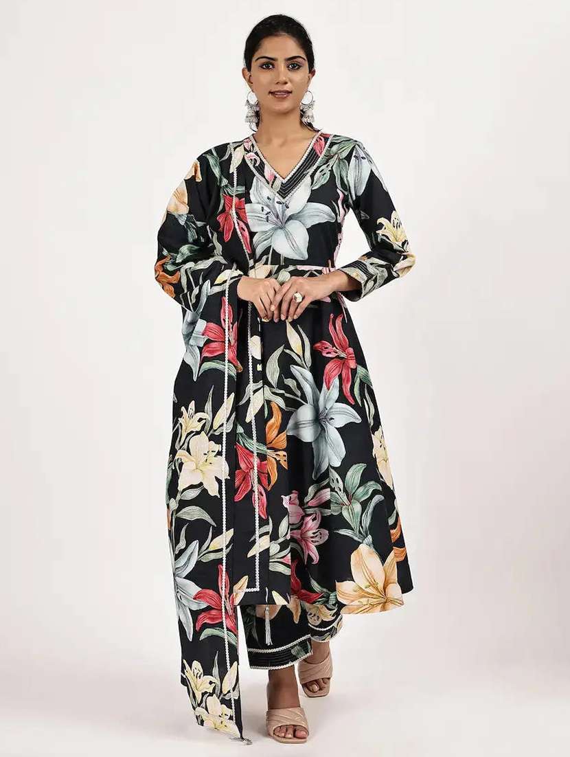 women floral long sleeve kurta pant with dupatta set