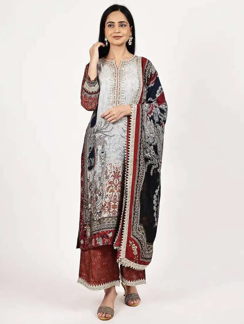 women printed long sleeve kurta palazzo with dupatta set