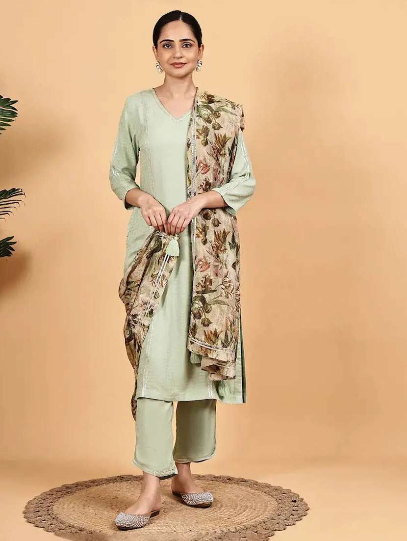 women self design three quarter sleeve kurta pant with dupatta set