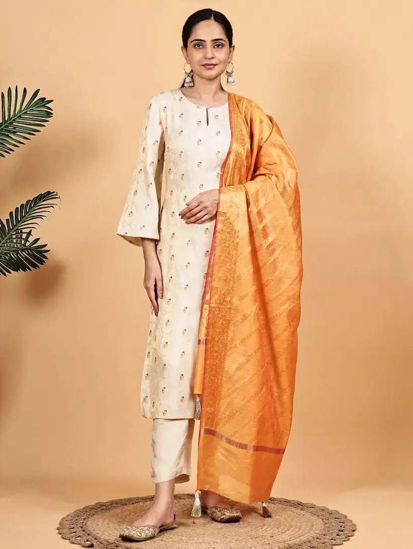 women self design three quarter sleeve kurta pant with dupatta set