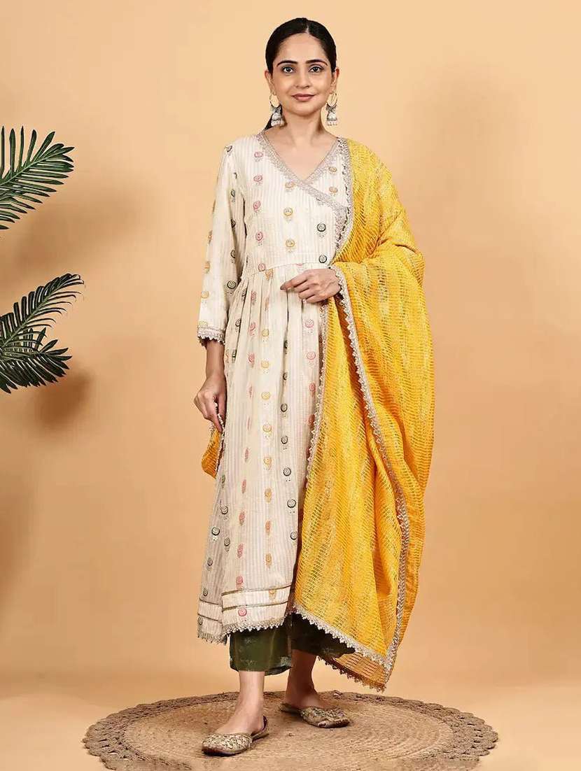 women striped three quarter sleeve kurta pant with dupatta set