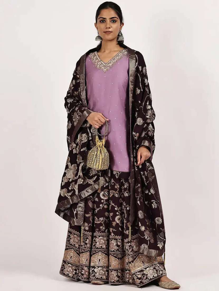 women solid with work three quarter sleeve kurta sharara with dupatta set
