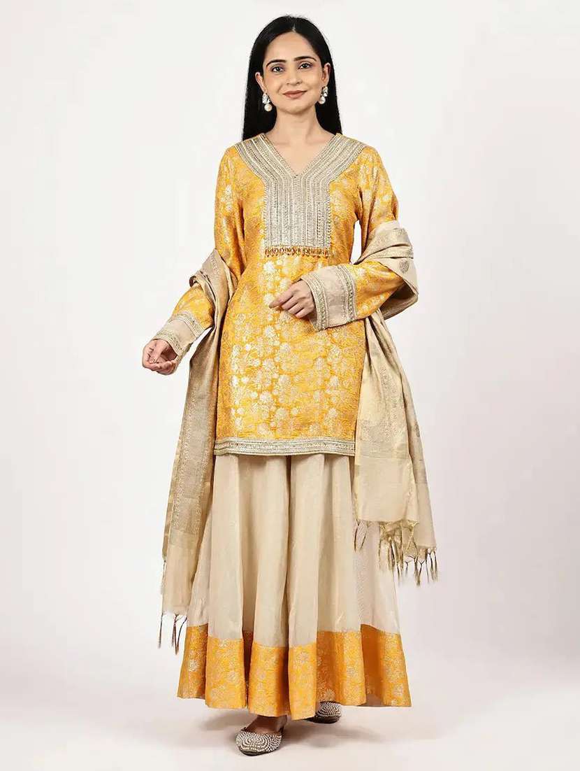 women self design long sleeve kurta sharara with dupatta set