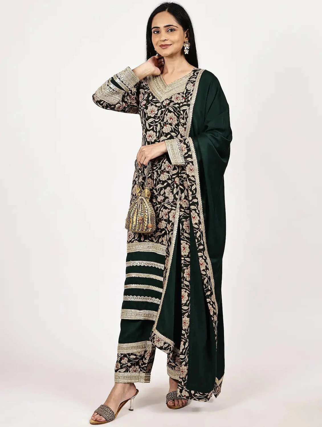 women floral long sleeve kurta pant with dupatta set