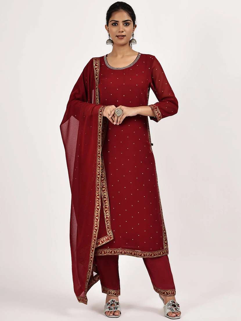 women solid with work three quarter sleeve kurta pant with dupatta set
