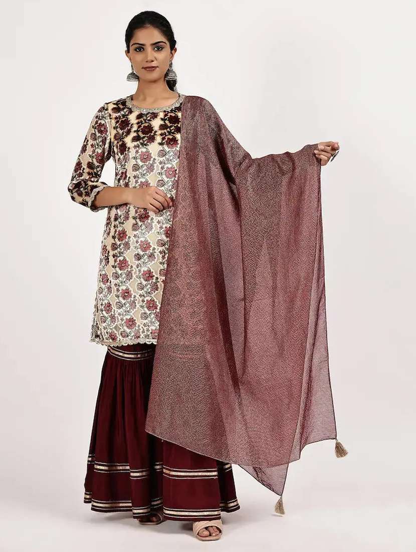 women floral three quarter sleeve kurta sharara with dupatta set