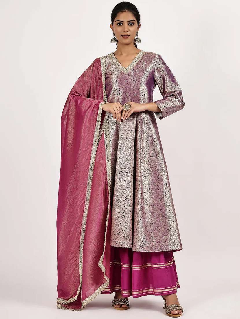 women self design long sleeve kurta sharara with dupatta set