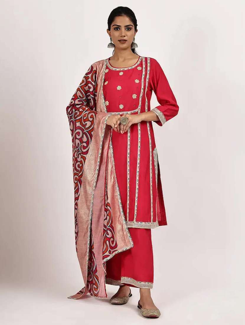 women solid with work three quarter sleeve kurta pant with dupatta set - 22226599 -  Zoom Image - 0