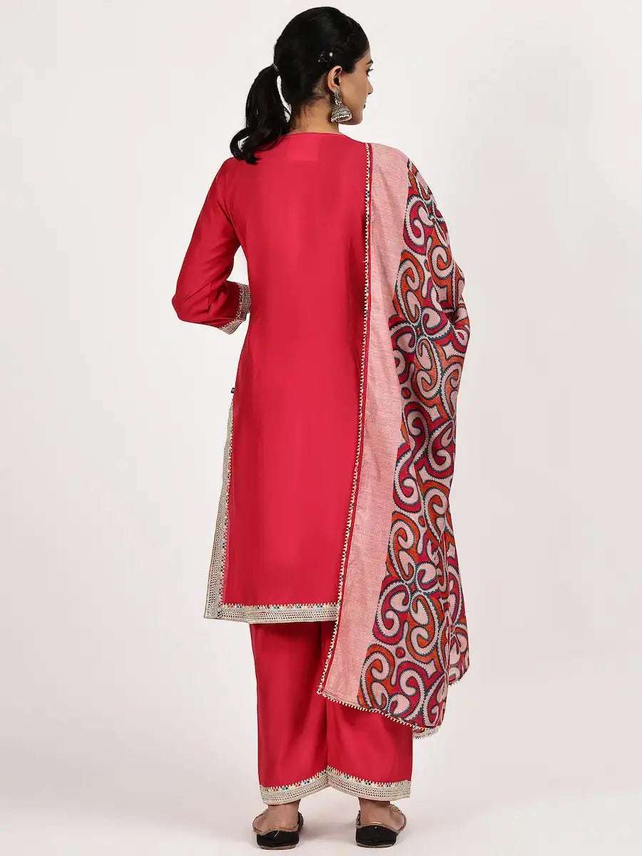 women solid with work three quarter sleeve kurta pant with dupatta set - 22226599 -  Standard Image - 3