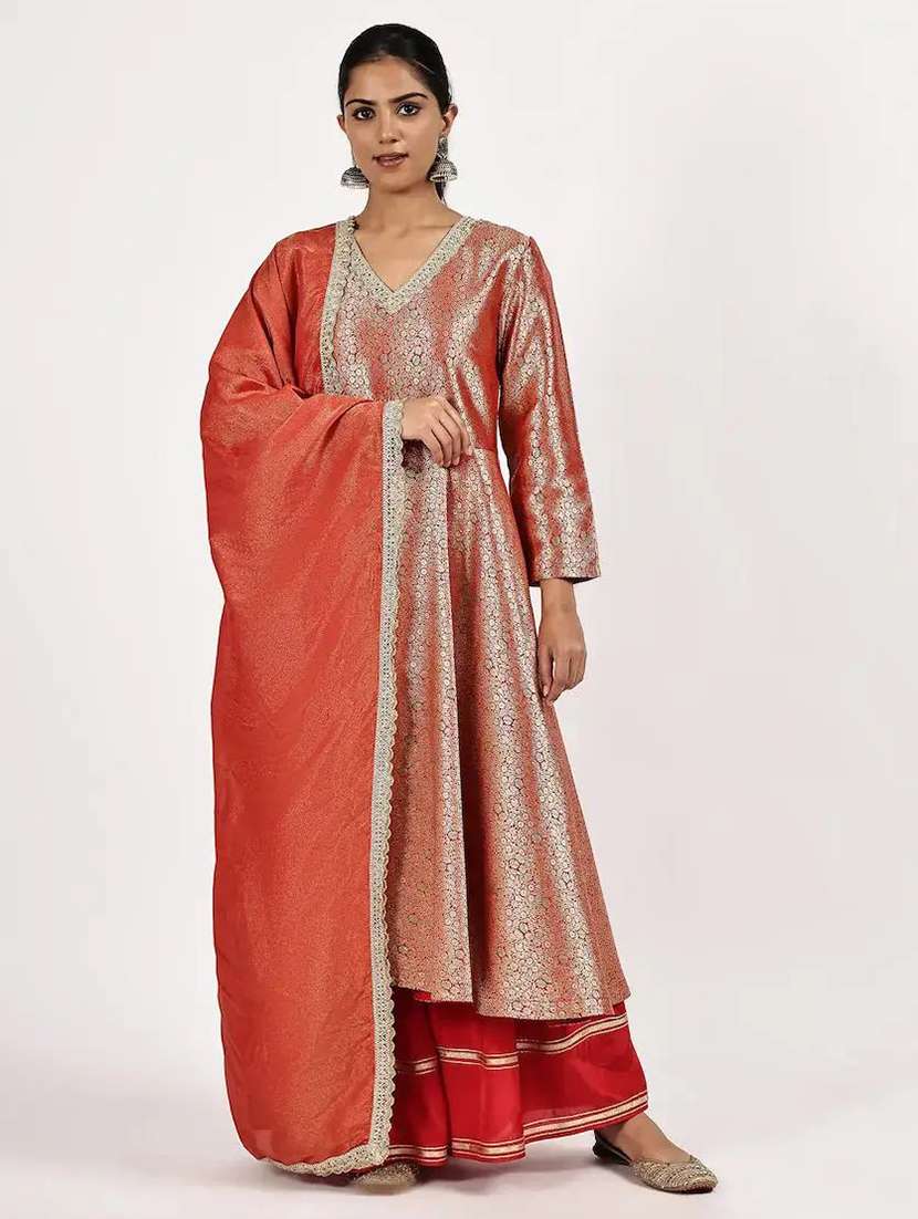 women self design long sleeve kurta sharara with dupatta set